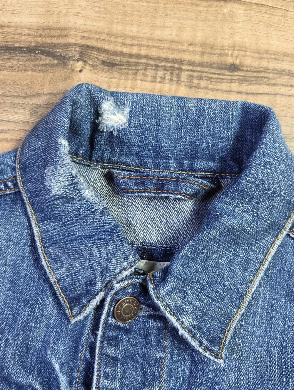 Abercrombie Kids Distressed Denim Trucker Jacket USA Flag Blue 13/14